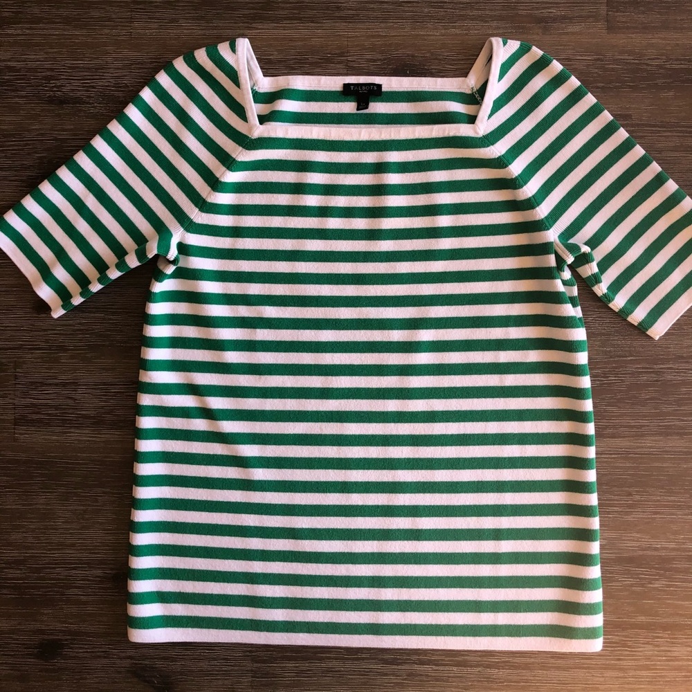 Talbots green & white sweater Size L Petite